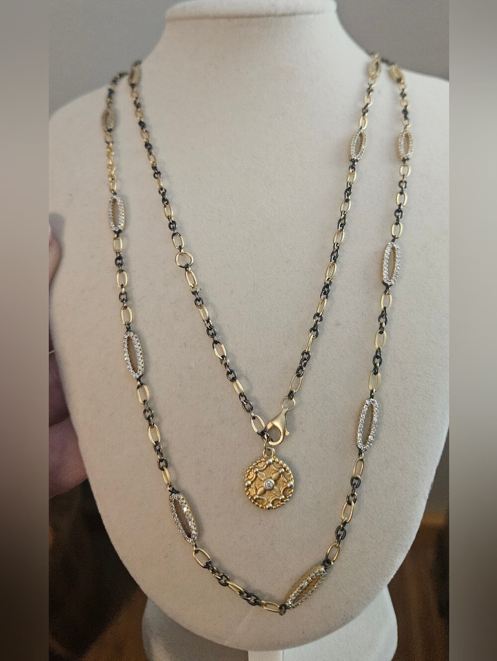 Freida Rothman Two-Tone Gold and Black Layered Pendant Necklace 925 Sterlind
